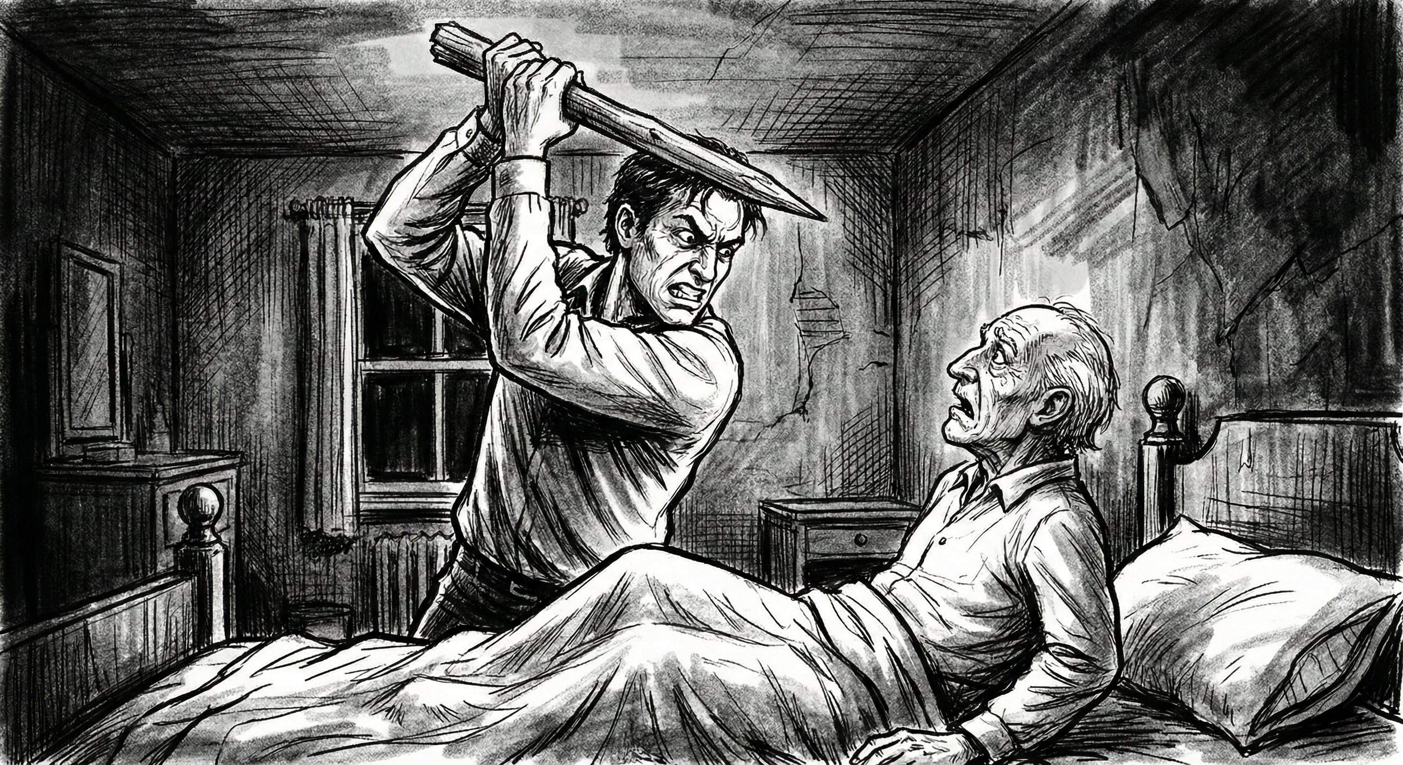 The narrator drives the stake down upon the old man