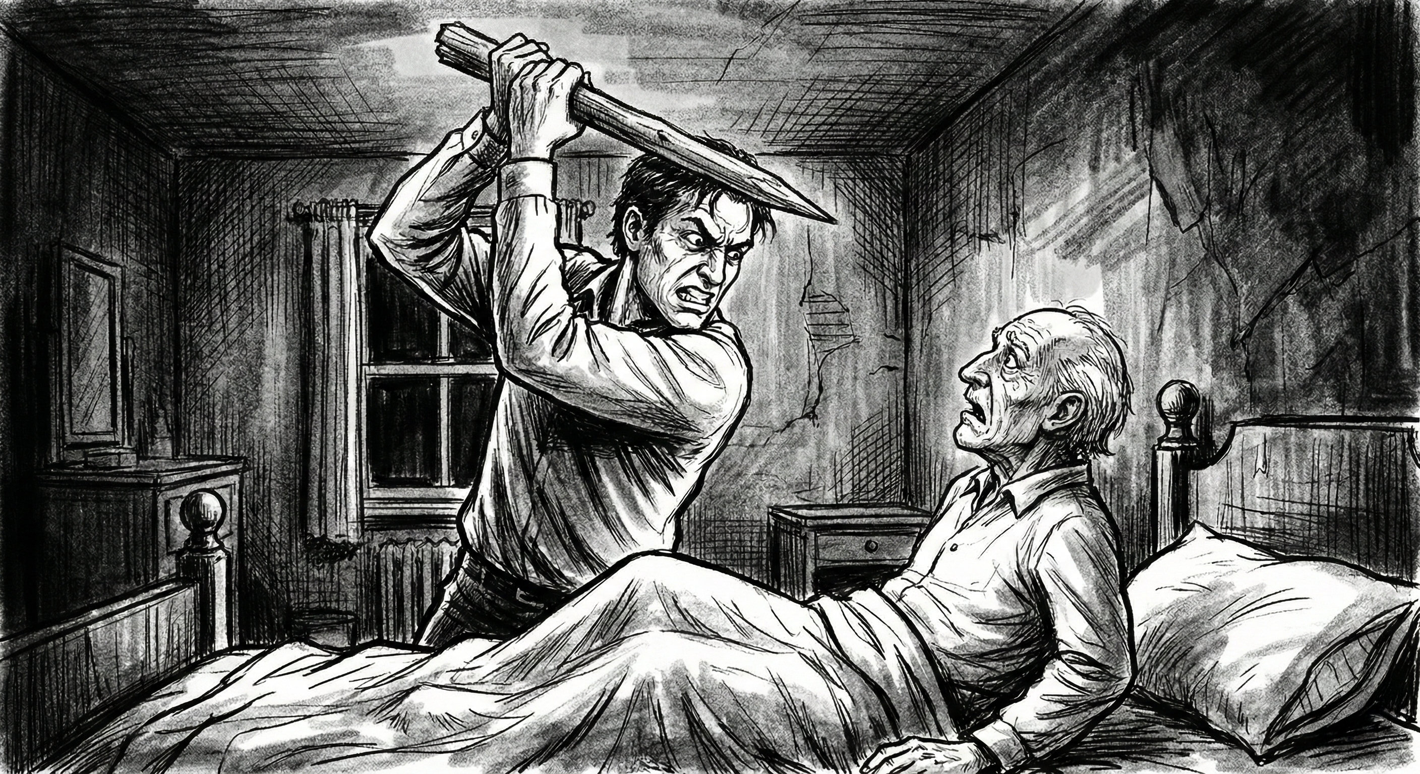 The narrator drives the stake down upon the old man