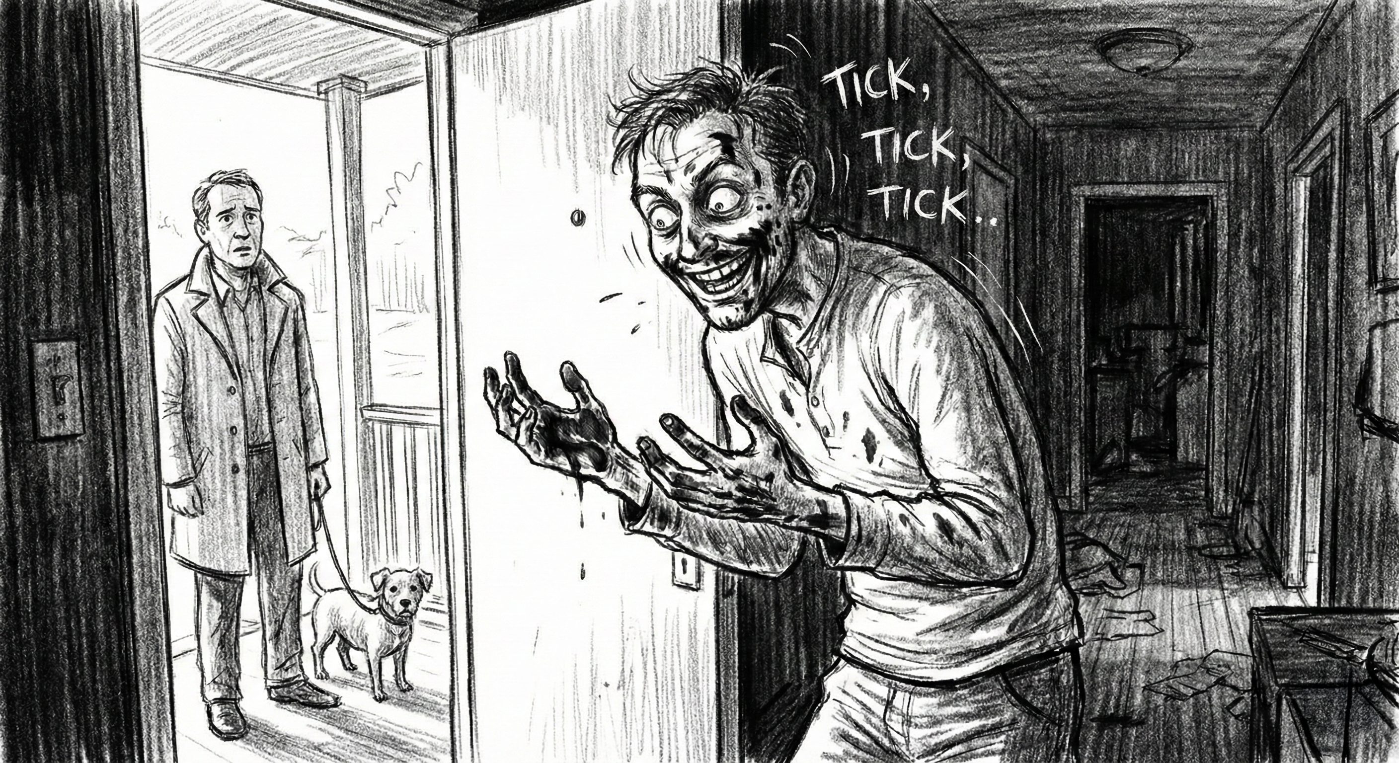 The narrator answers the door, bloodied, to a man and his dog