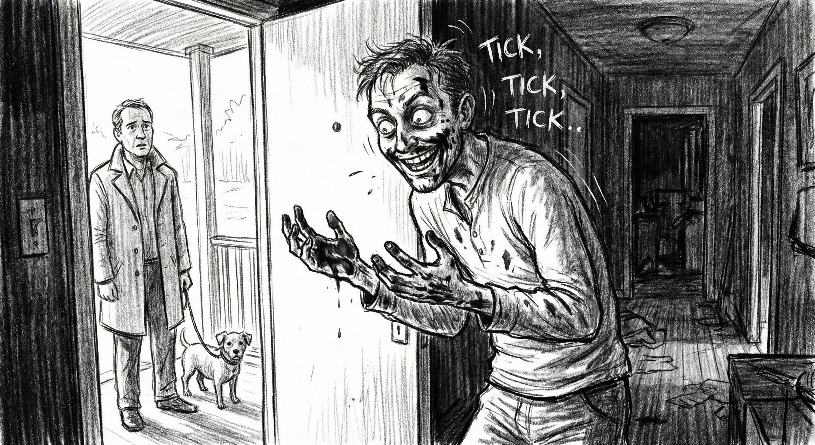 The narrator answers the door, bloodied, to a man and his dog
