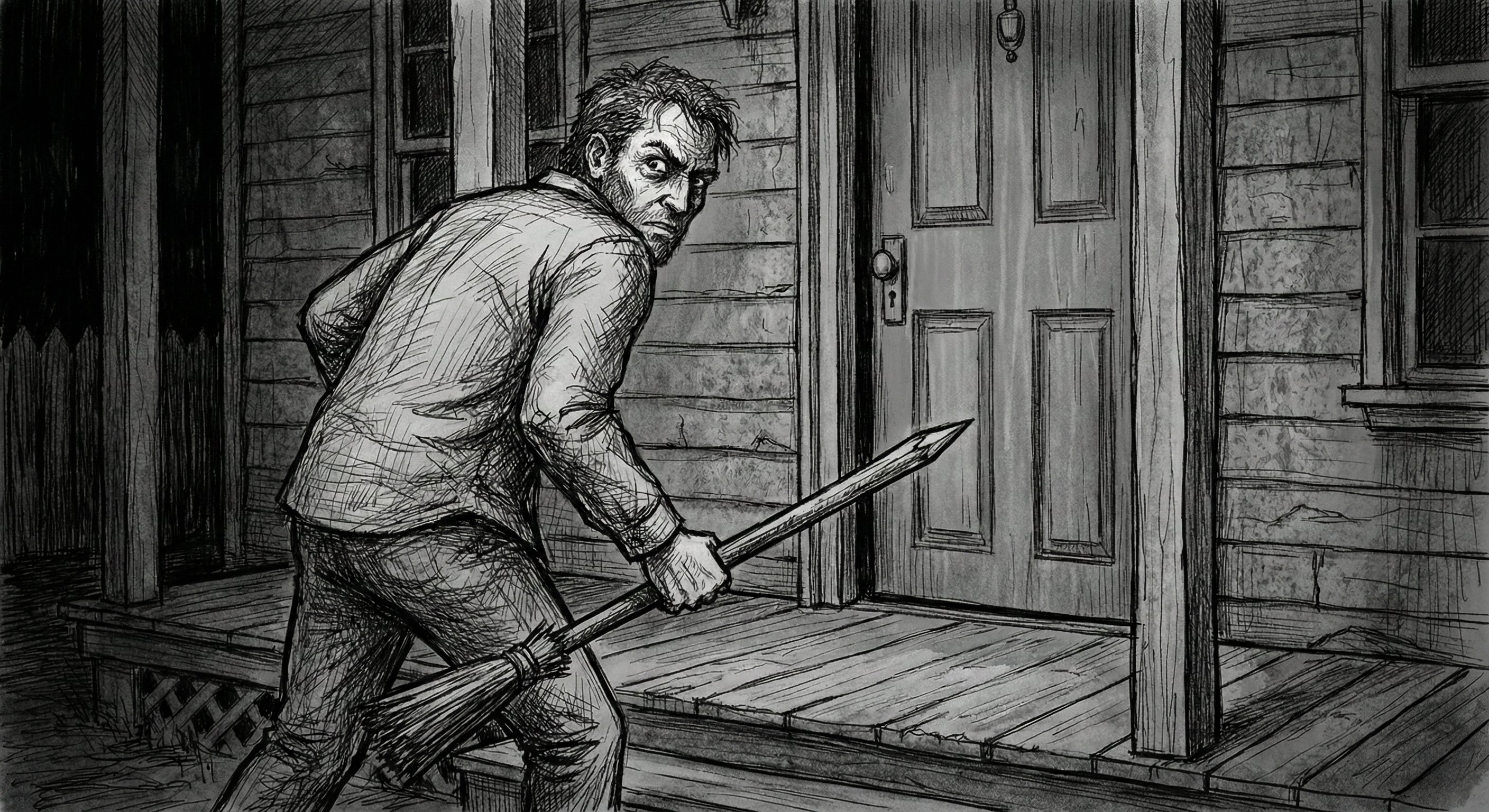 The narrator approaches the old man's front door, broom handle in hand