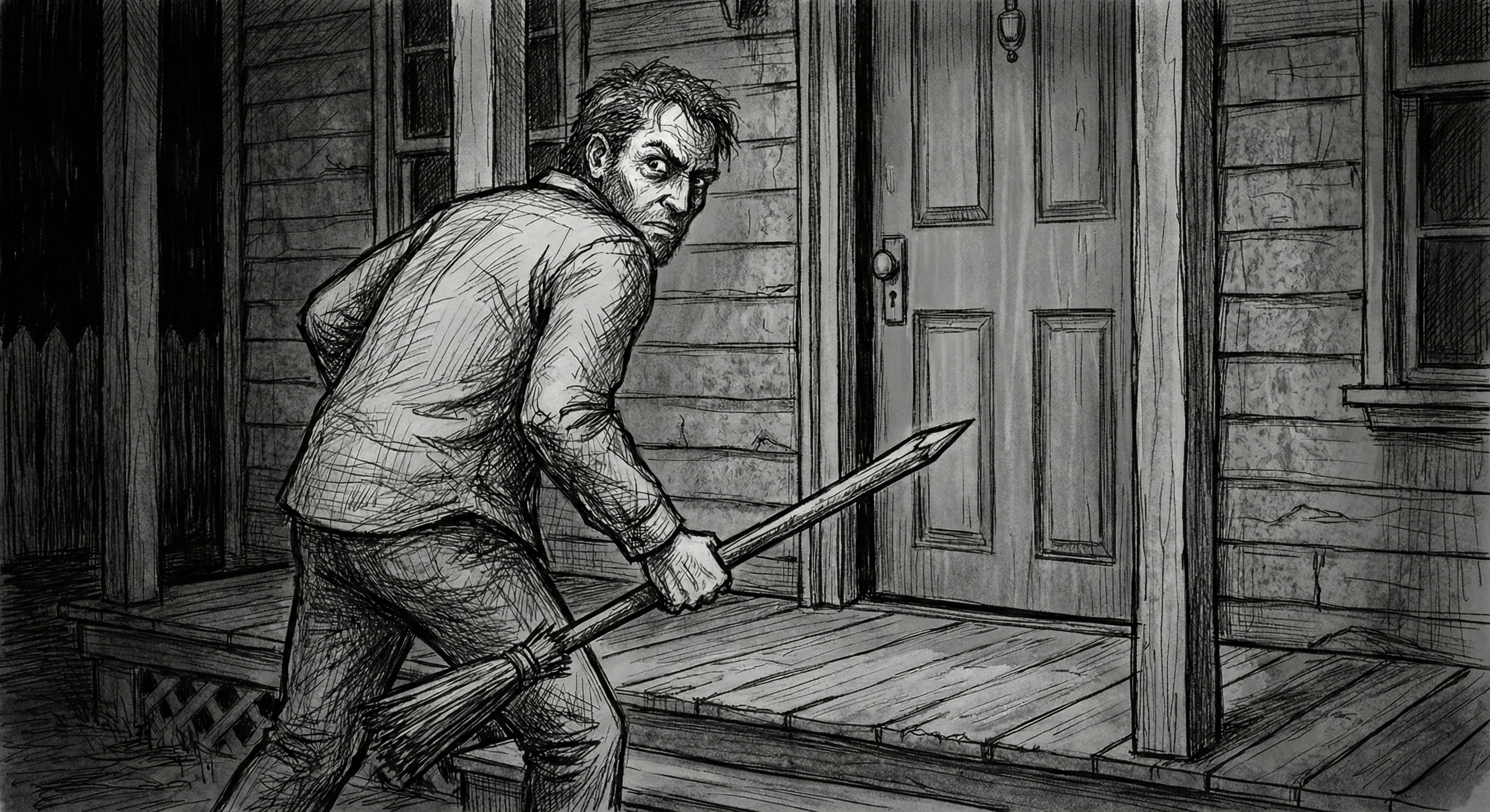 The narrator approaches the old man's front door, broom handle in hand